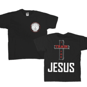 Adult T-shirt with front logo and text back ("I train for Jesus")